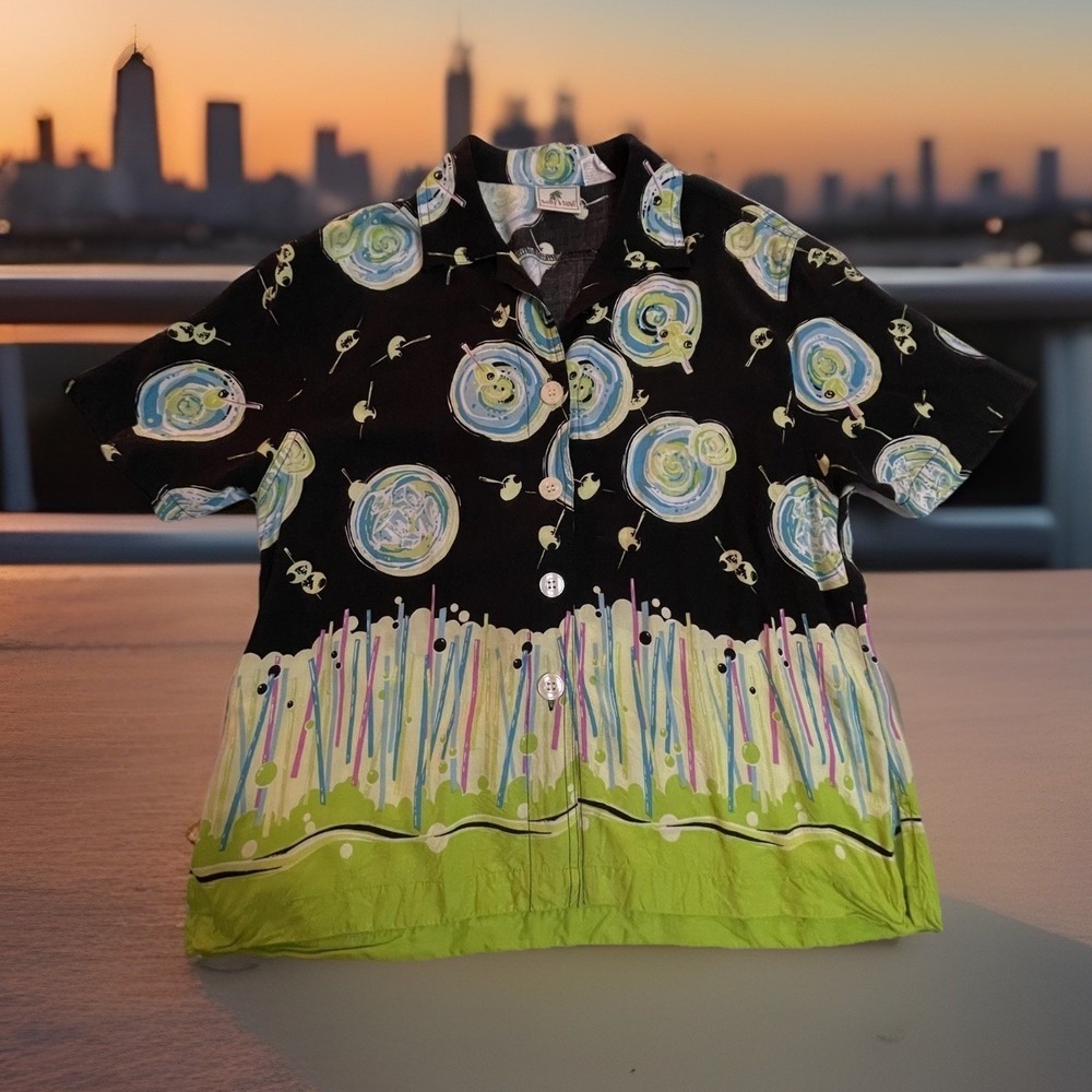 Holly Lane Shirt Womens Large Multicolor Abstract Swirl Button Front Rayon‎
